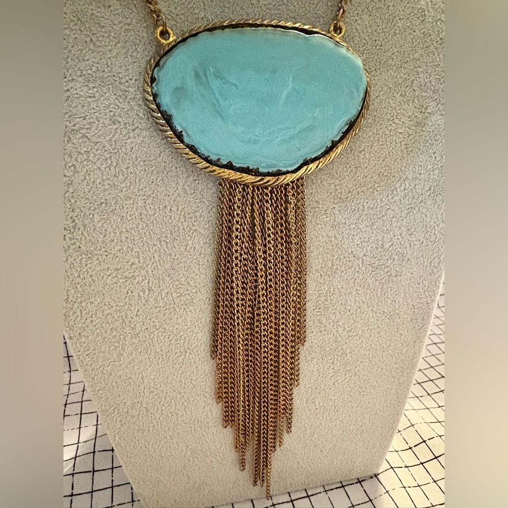 Gold + Turquoise Toned Chain Dangle Statement Nec… - image 2